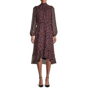 Julia Jordan Floral Chiffon Mockneck Tie-Back A Line High-Low Lined Midi Dress 4